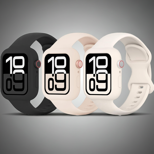 3-Pack Silicone Sport Bands with Protective Bumper Case for Apple Watch (38–46mm) – Soft Replacement Straps Compatible with Series 3–11 & SE