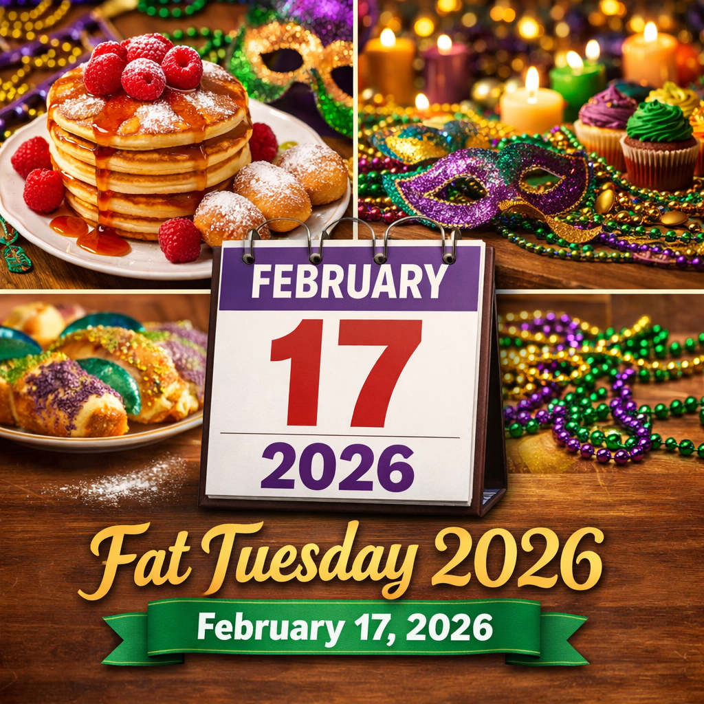 Fat Tuesday 2026 celebration with pancakes, king cake, beads, masks, and date calendar February 17, 2026.