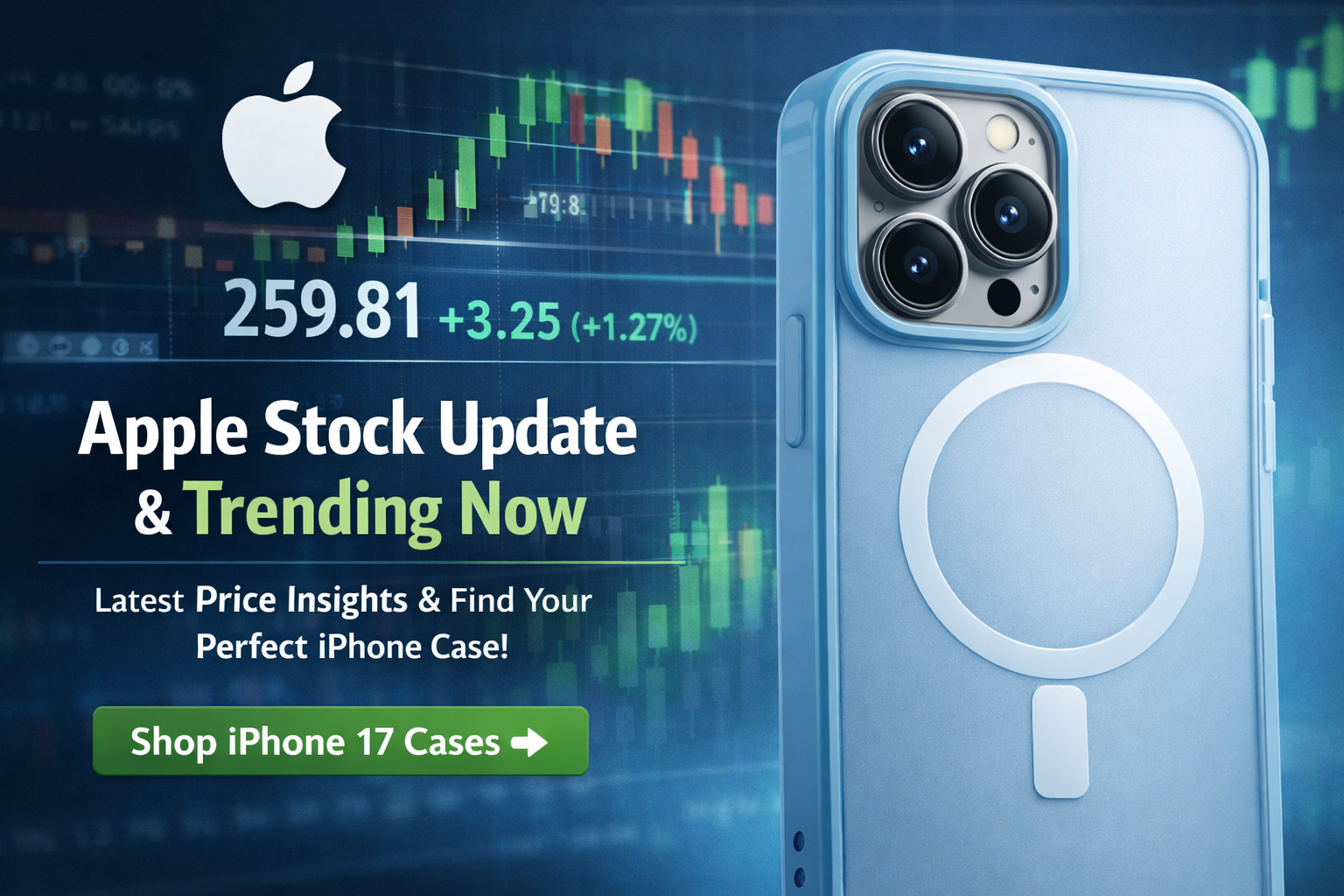 Apple stock price chart with blue iPhone 17 case and stock update text, trending tech news
