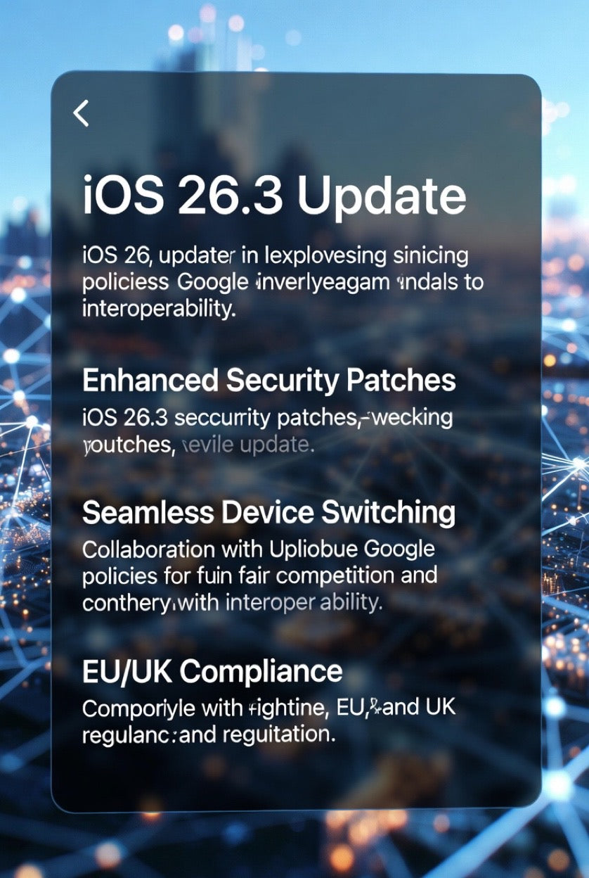 iOS 26.3 update announcement with security patches, device switching, EU and UK compliance on digital network background