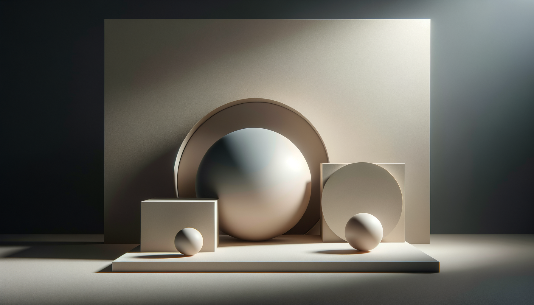 Minimalist abstract 3D shapes arrangement with spheres, cubes, and round panels under soft lighting