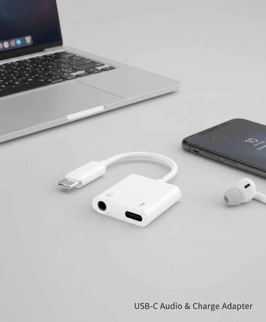 USB-C audio and charging adapter cable with laptop, smartphone, and earbud
