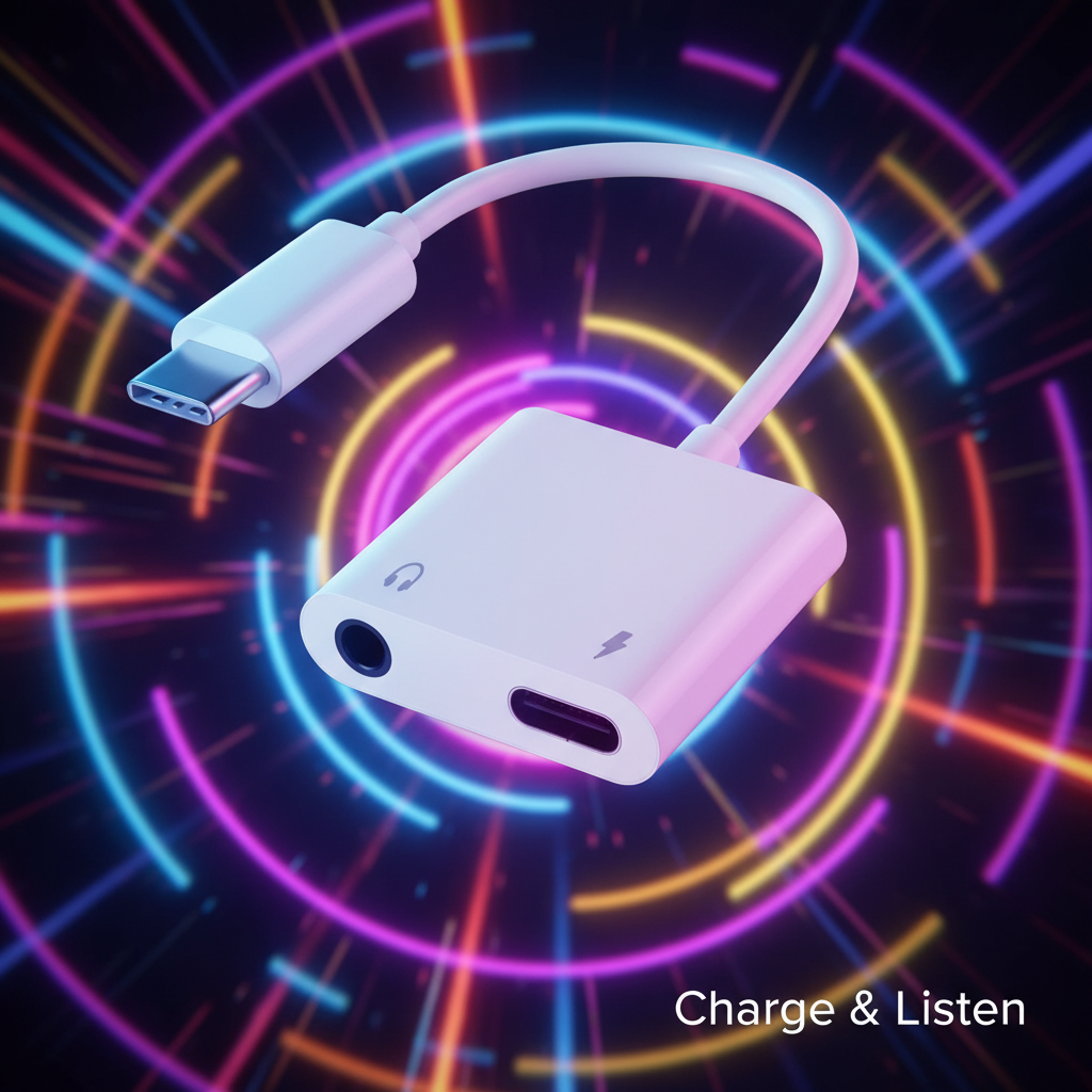 USB-C audio and charging adapter with headphone and charging ports on a vibrant neon background