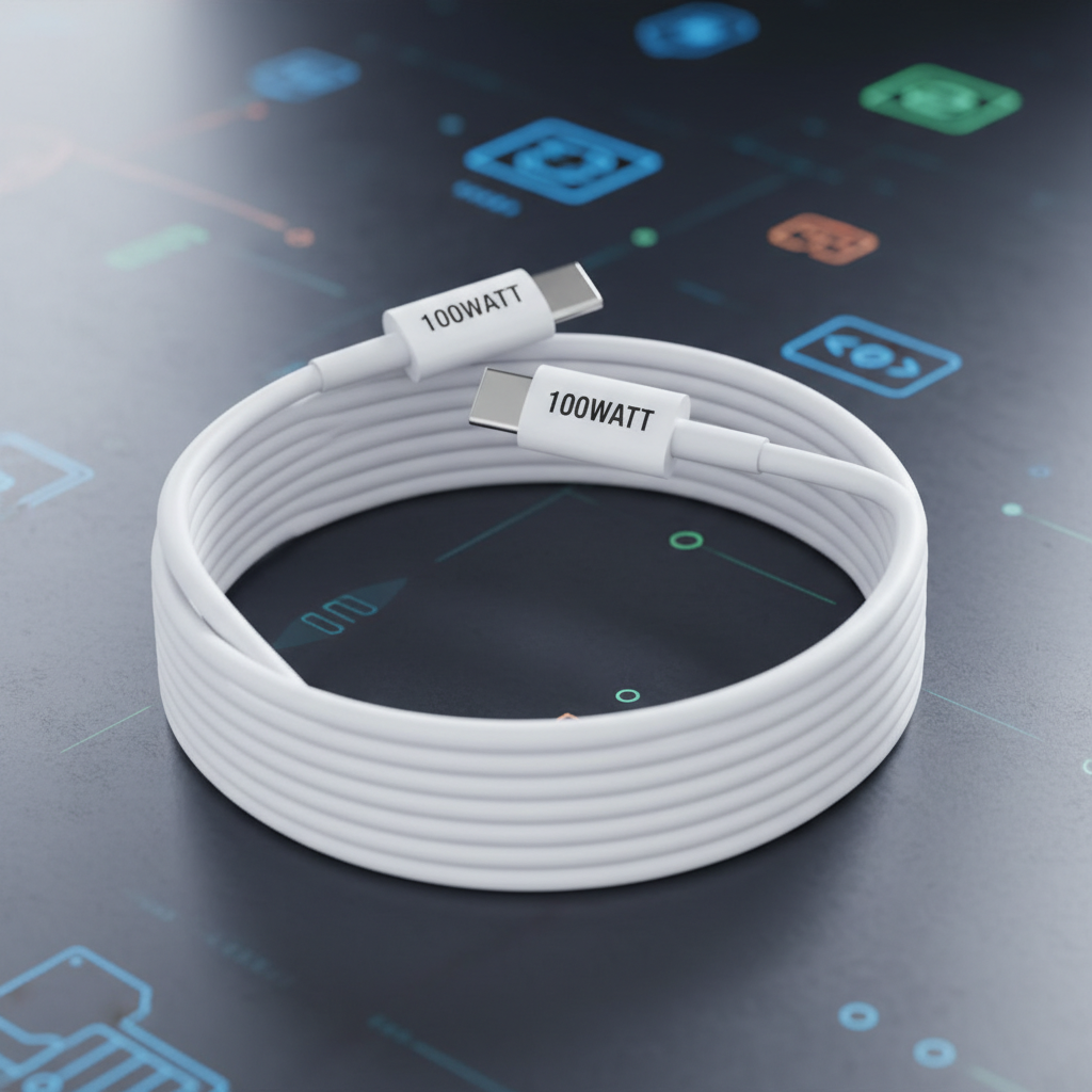 White USB-C to USB-C charging cable labeled 100 watt on a tech-themed background