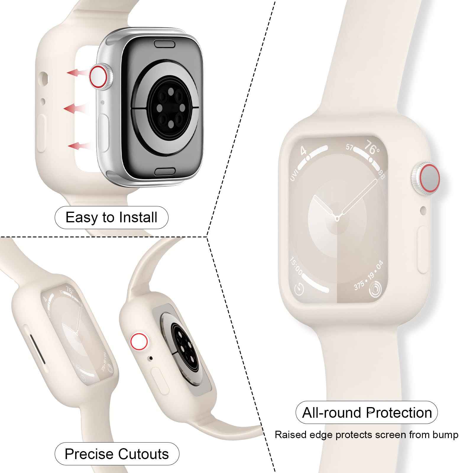 3-Pack Silicone Sport Bands with Protective Bumper Case for Apple Watch (38–46mm) – Soft Replacement Straps Compatible with Series 3–11 & SE