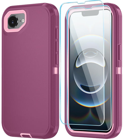 Phone Case For Iphone 16E Case & Iphone 17E Case With Hd Screen Protector, Heavy Duty Shockproof & Dustproof & 3-Layer Cover Phone Case For Iphone 16E/17E,Wineredpink