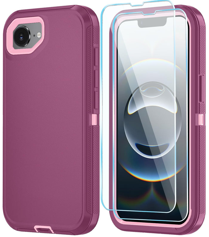 Phone Case For Iphone 16E Case & Iphone 17E Case With Hd Screen Protector, Heavy Duty Shockproof & Dustproof & 3-Layer Cover Phone Case For Iphone 16E/17E,Wineredpink