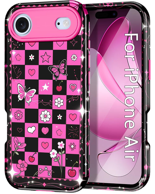 Iphone Air Case 6.5 Inch 2025,Marble Pattern 3 In 1 Heavy Duty Shockproof Full Body Rugged Hard Pc+Soft Silicone Drop Protective Women Girl Phone Cases, Black Pink