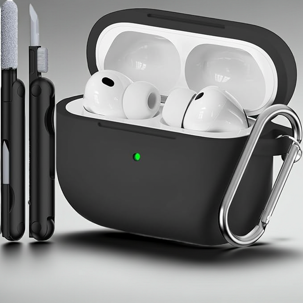 Silicone Protective Case for AirPods Pro (3rd Gen) with Keychain & Cleaning Pen – Black