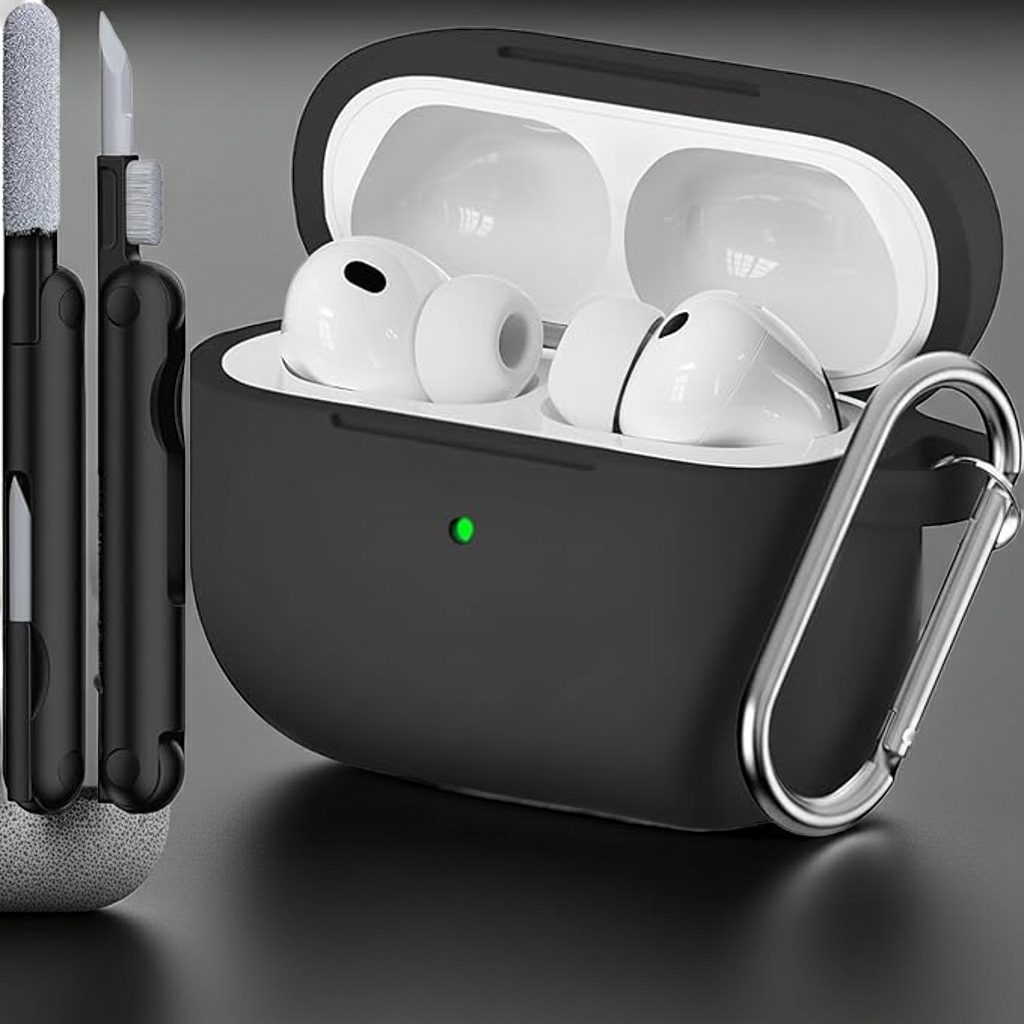 Silicone Protective Case for AirPods Pro (3rd Gen) with Keychain & Cleaning Pen – Black
