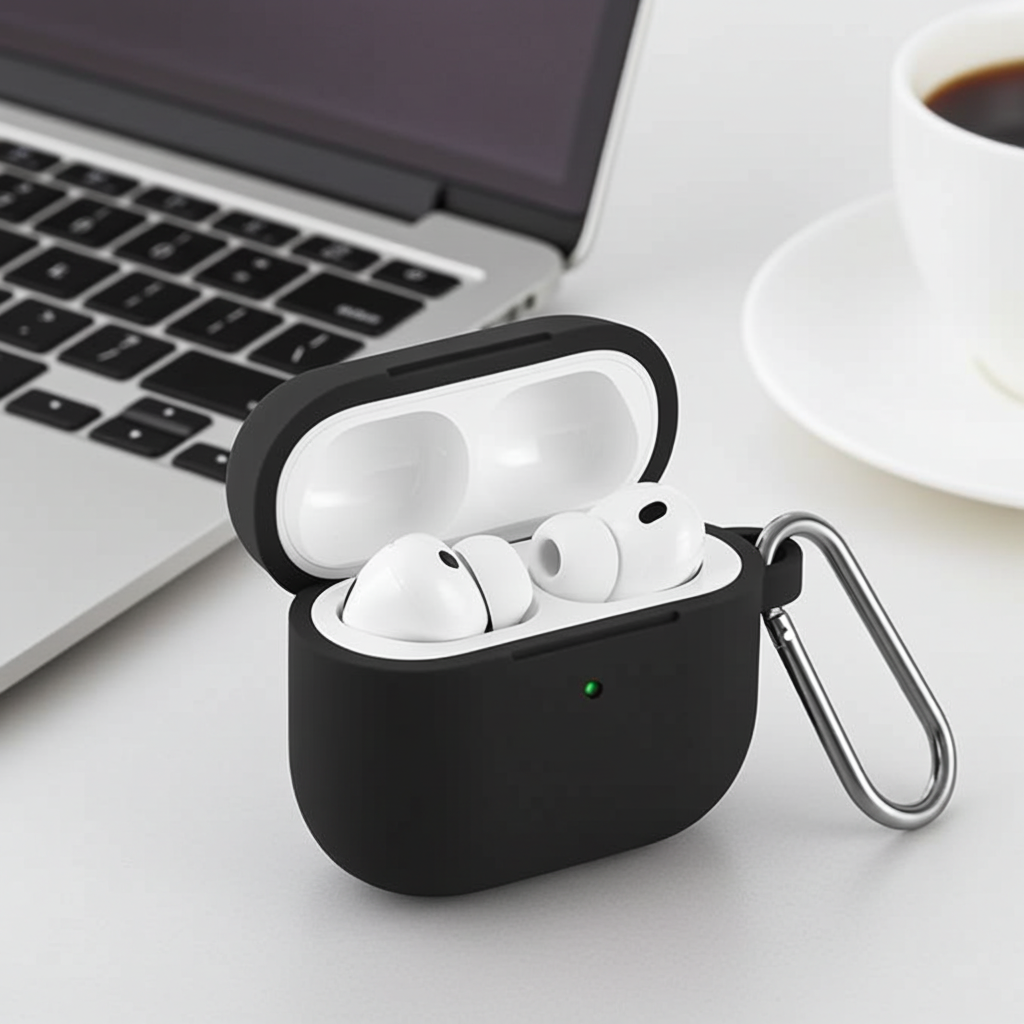 Silicone Protective Case for AirPods Pro (3rd Gen) with Keychain & Cleaning Pen – Black